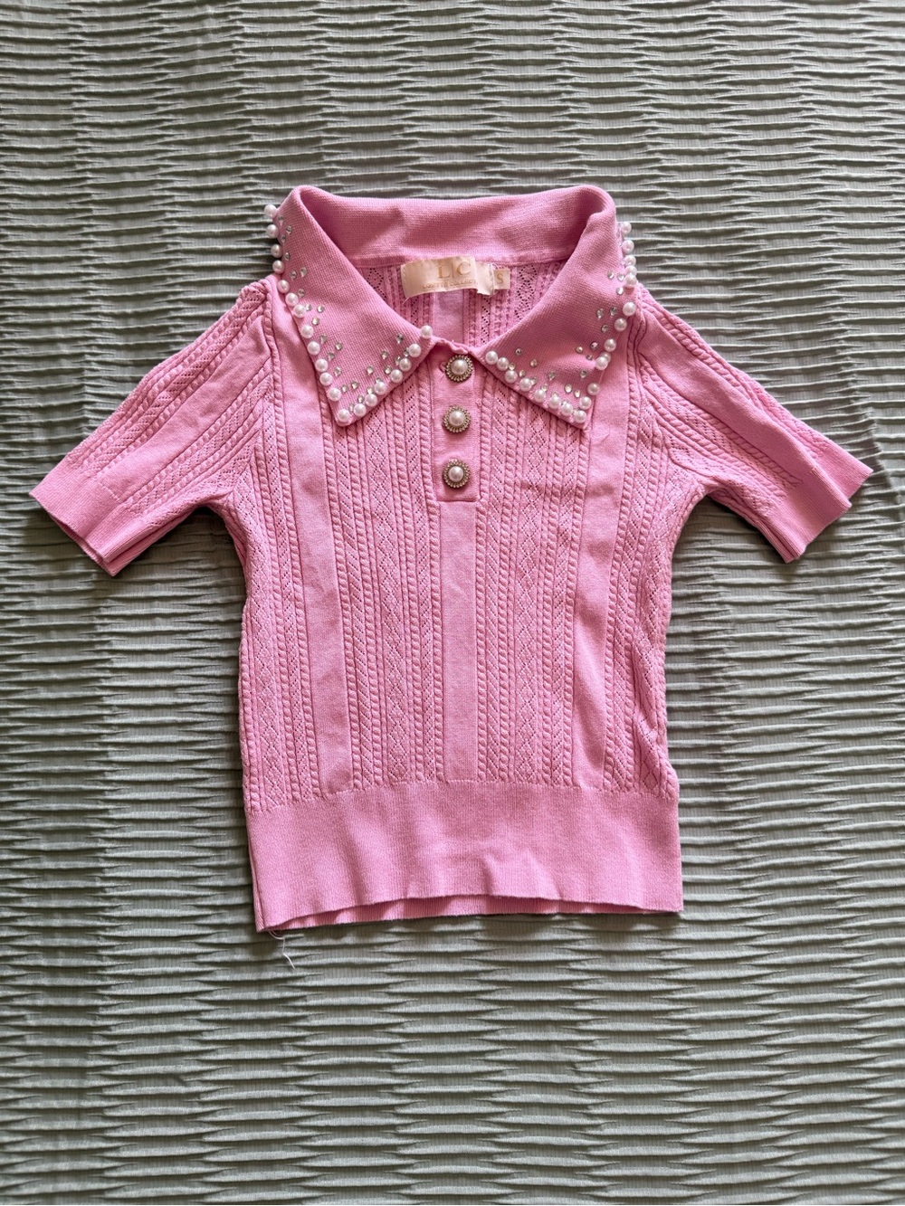 Lizette Collections Pink Pearl-Embellished Polo Top